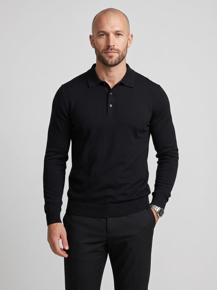 Men's Knitted Polo Collar Jumper in black