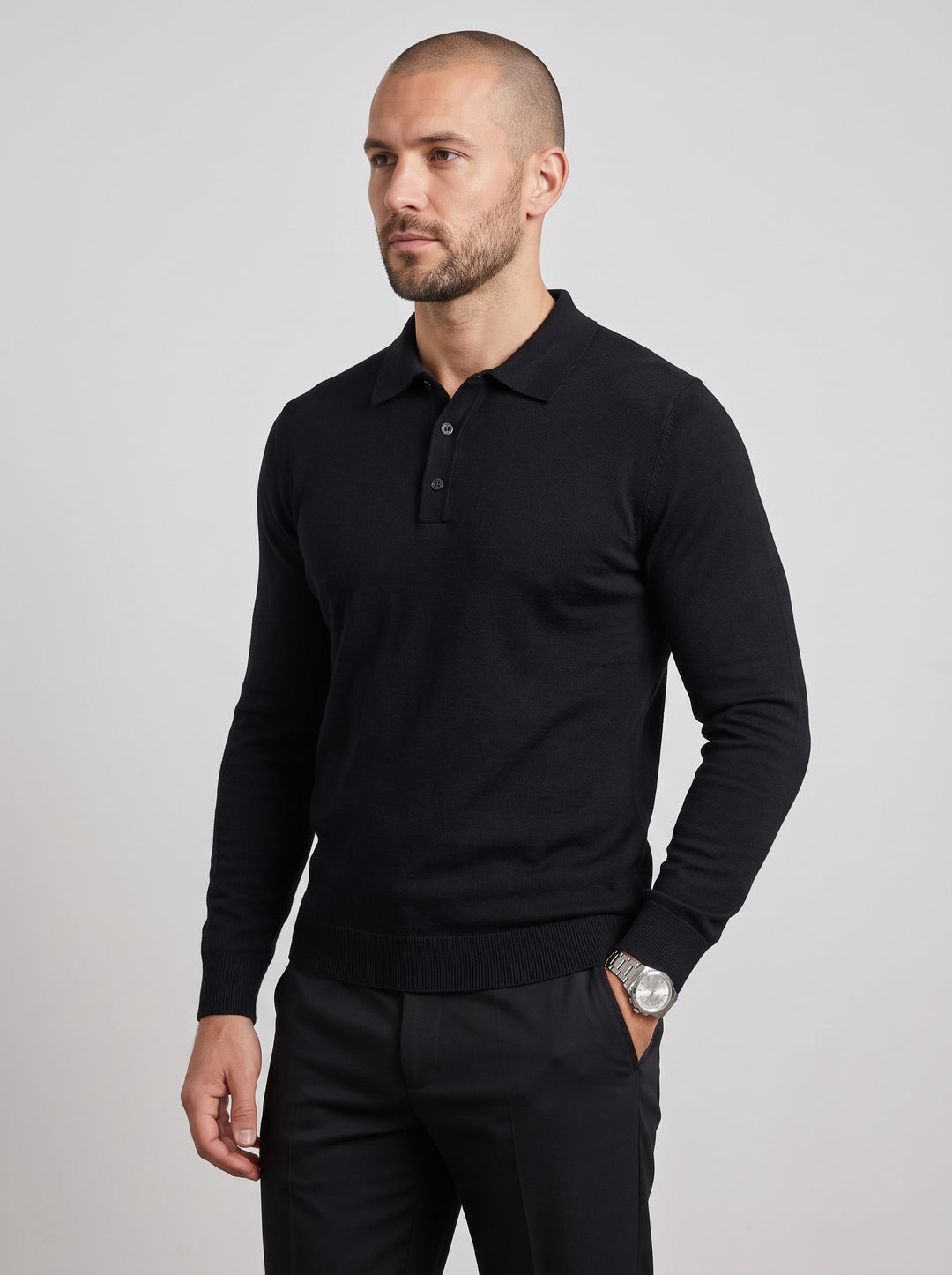 Men's Knitted Polo Collar Jumper in black