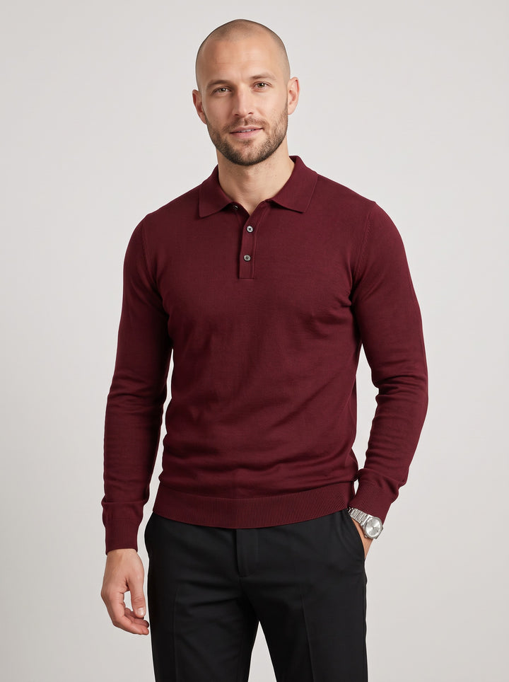 Men's Knitted Polo Collar Jumper in burgundy