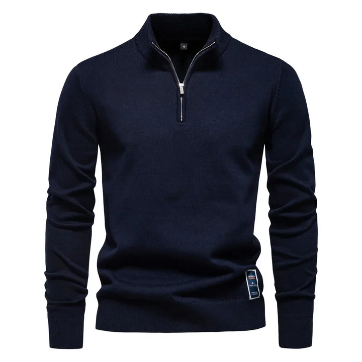 Men's plain quarter zip knitted jumper with stand collar and long sleeves