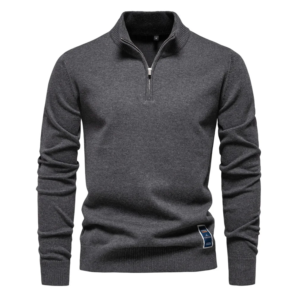 Men's plain quarter zip knitted jumper with stand collar and long sleeves