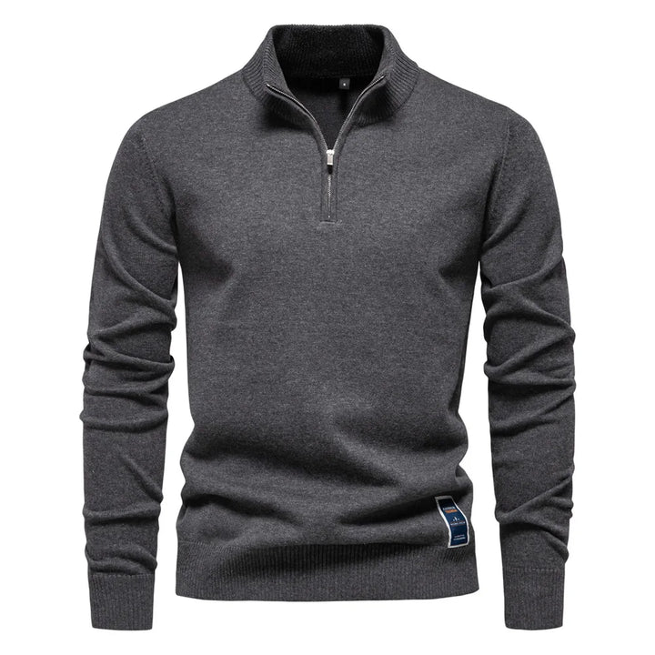 Men's plain quarter zip knitted jumper with stand collar and long sleeves