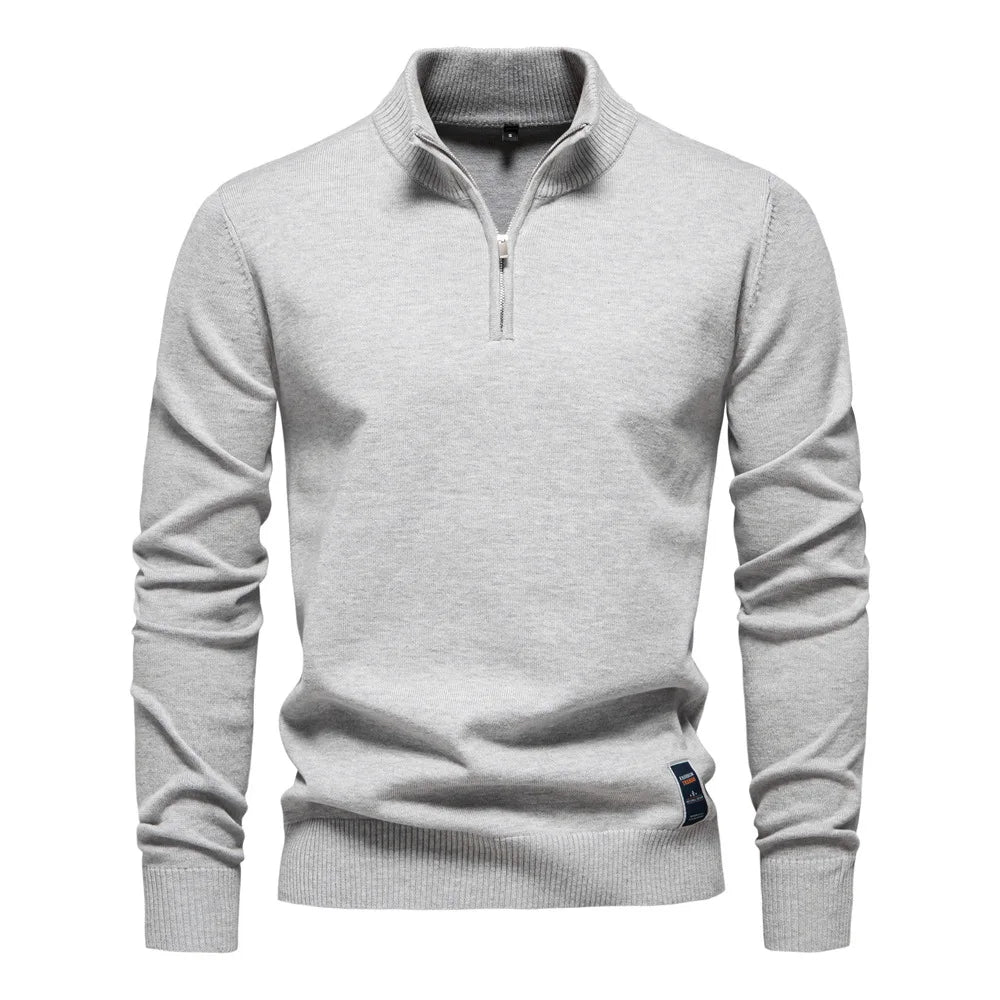 Men's plain quarter zip knitted jumper with stand collar and long sleeves