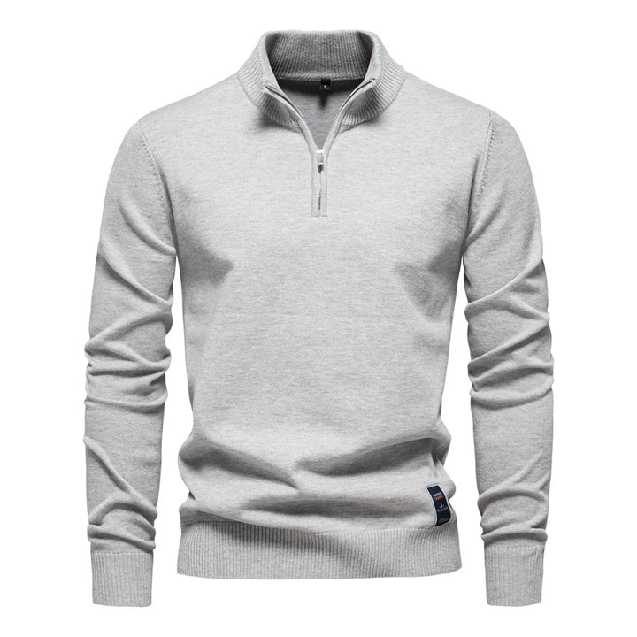 Men's plain quarter zip knitted jumper with stand collar and long sleeves