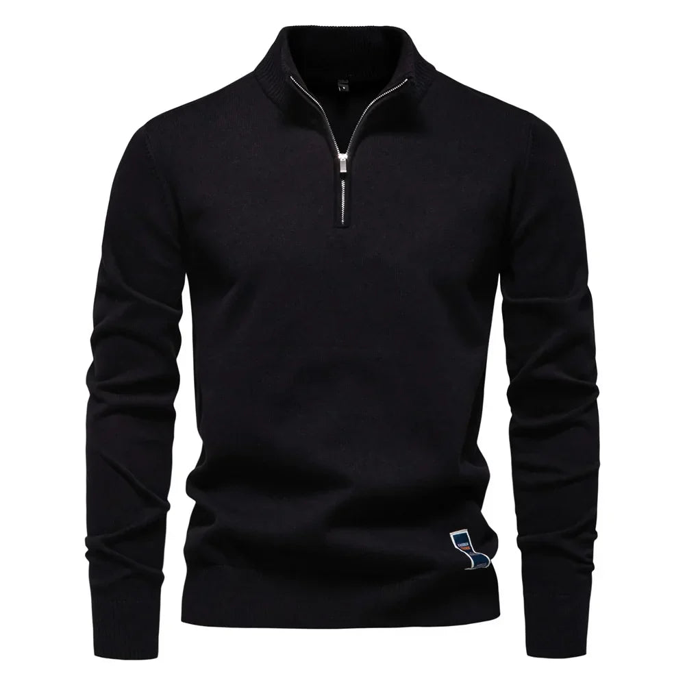 Men's plain quarter zip knitted jumper with stand collar and long sleeves