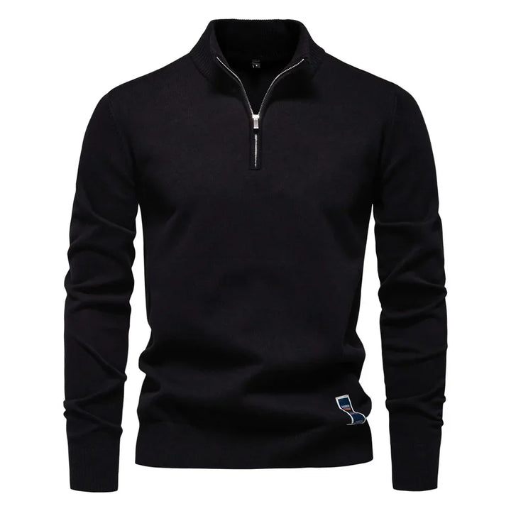Men's plain quarter zip knitted jumper with stand collar and long sleeves