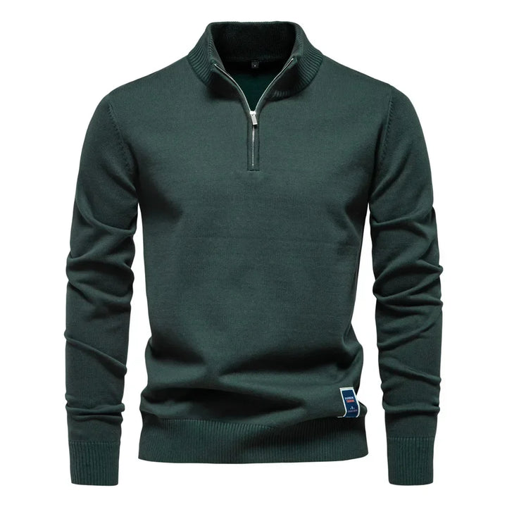 Men's plain quarter zip knitted jumper with stand collar and long sleeves