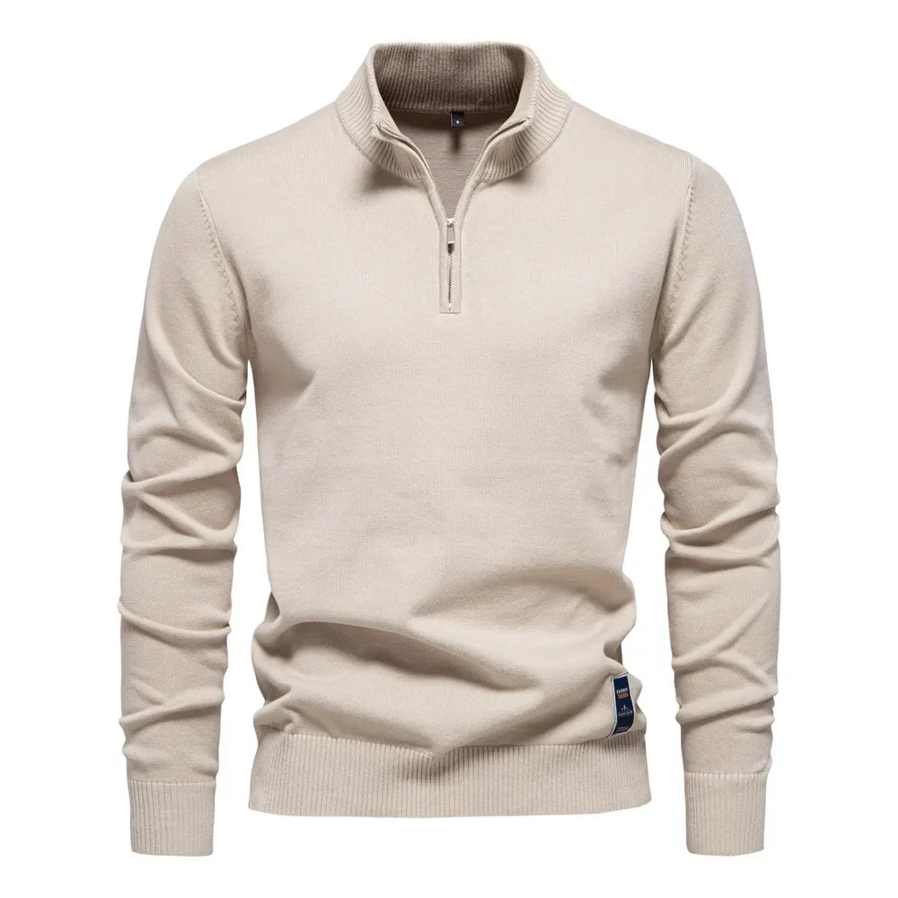 Men's plain quarter zip knitted jumper with stand collar and long sleeves