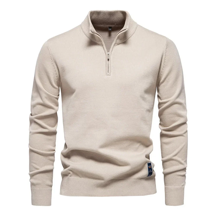 Men's plain quarter zip knitted jumper with stand collar and long sleeves