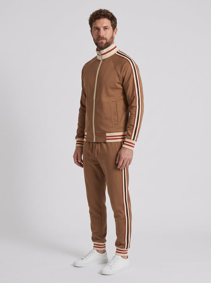 Men's Retro Striped Trim Track Suit in brown