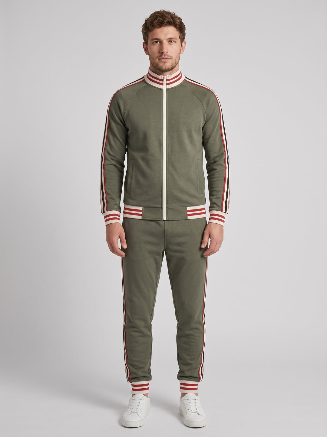 Men's Retro Striped Trim Track Suit in green