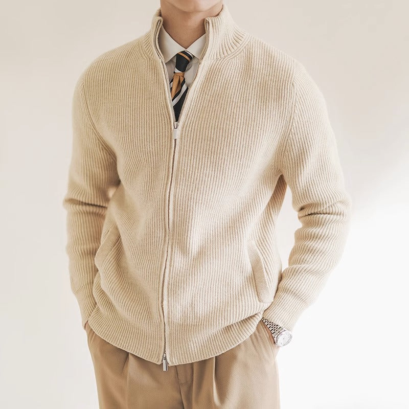 Men's ribbed full-zip cardigan with stand collar and front pockets