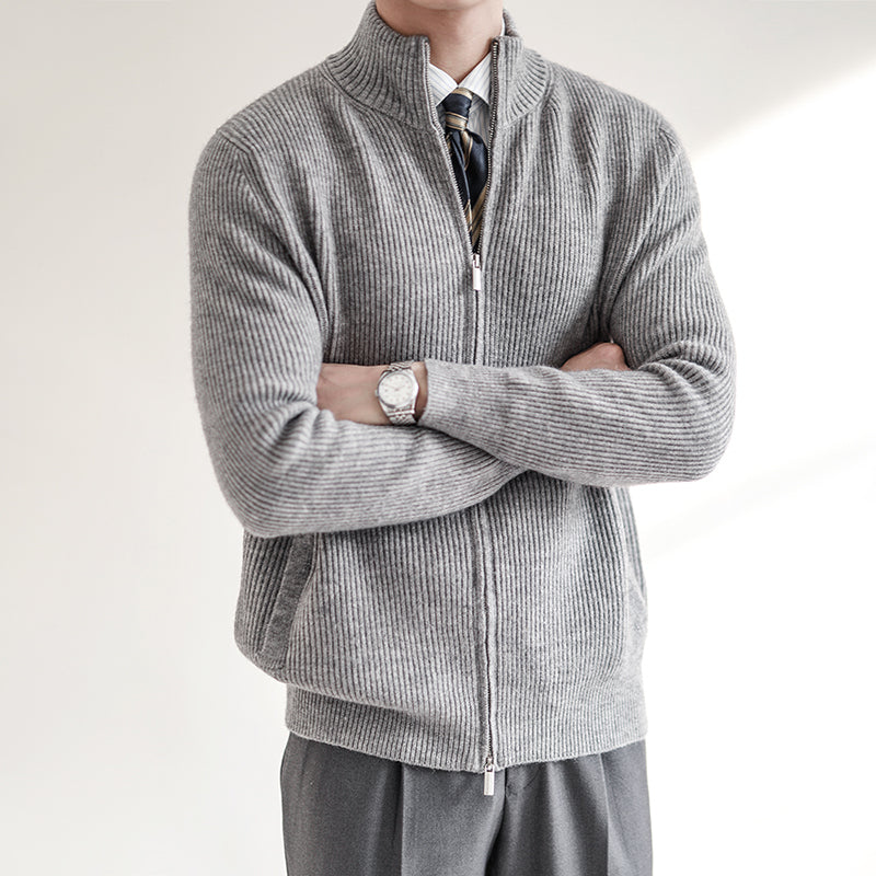 Men's ribbed full-zip cardigan with stand collar and front pockets