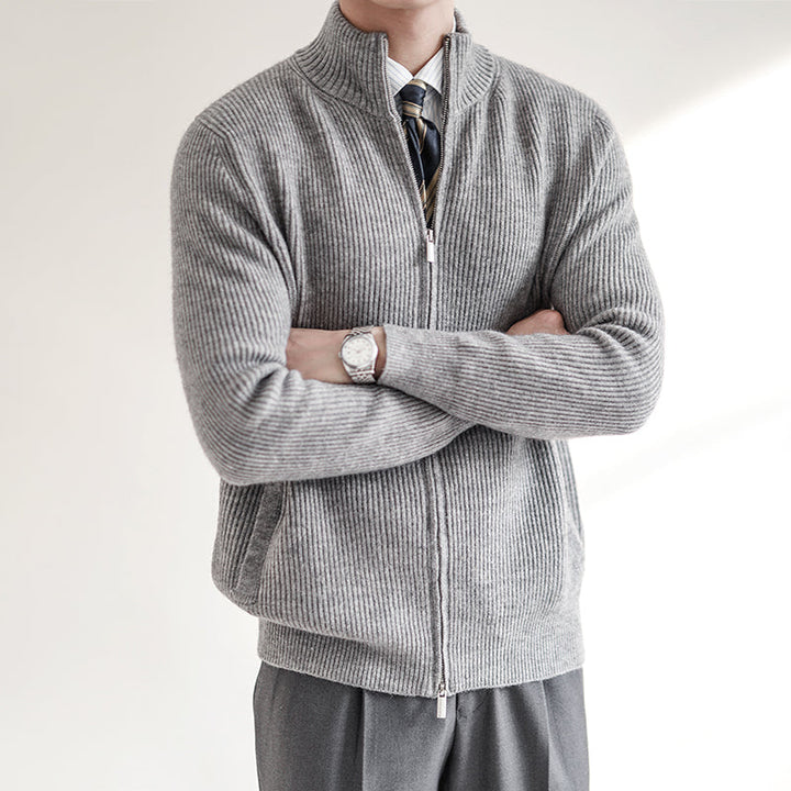 Men's ribbed full-zip cardigan with stand collar and front pockets