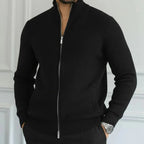 Men's ribbed full-zip cardigan with stand collar and front pockets