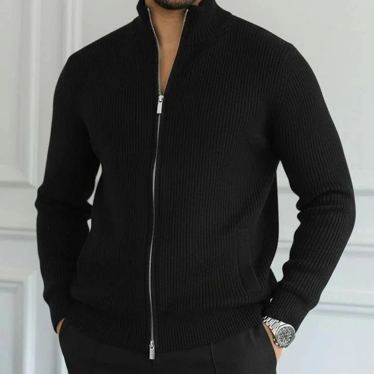 Men's ribbed full-zip cardigan with stand collar and front pockets