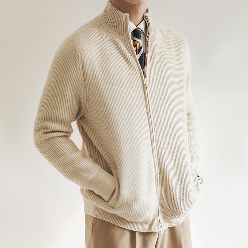 Men's ribbed full-zip cardigan with stand collar and front pockets