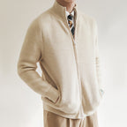 Men's ribbed full-zip cardigan with stand collar and front pockets