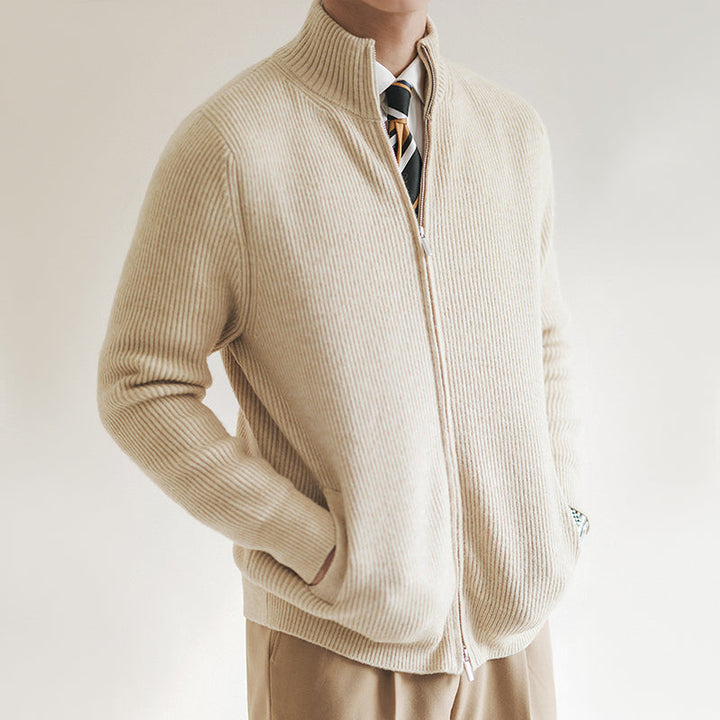 Men's ribbed full-zip cardigan with stand collar and front pockets