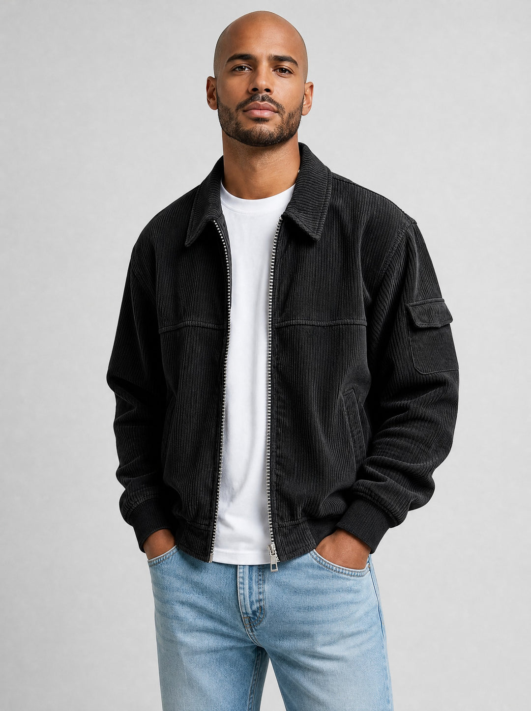 Men's Ribbed Zip Front Jacket in black