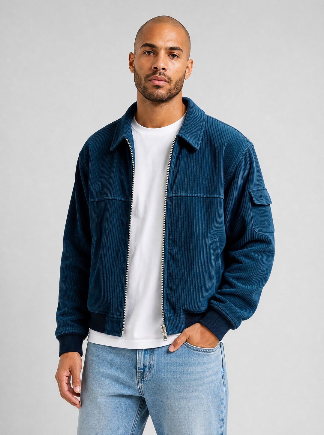 Men's Ribbed Zip Front Jacket in blue
