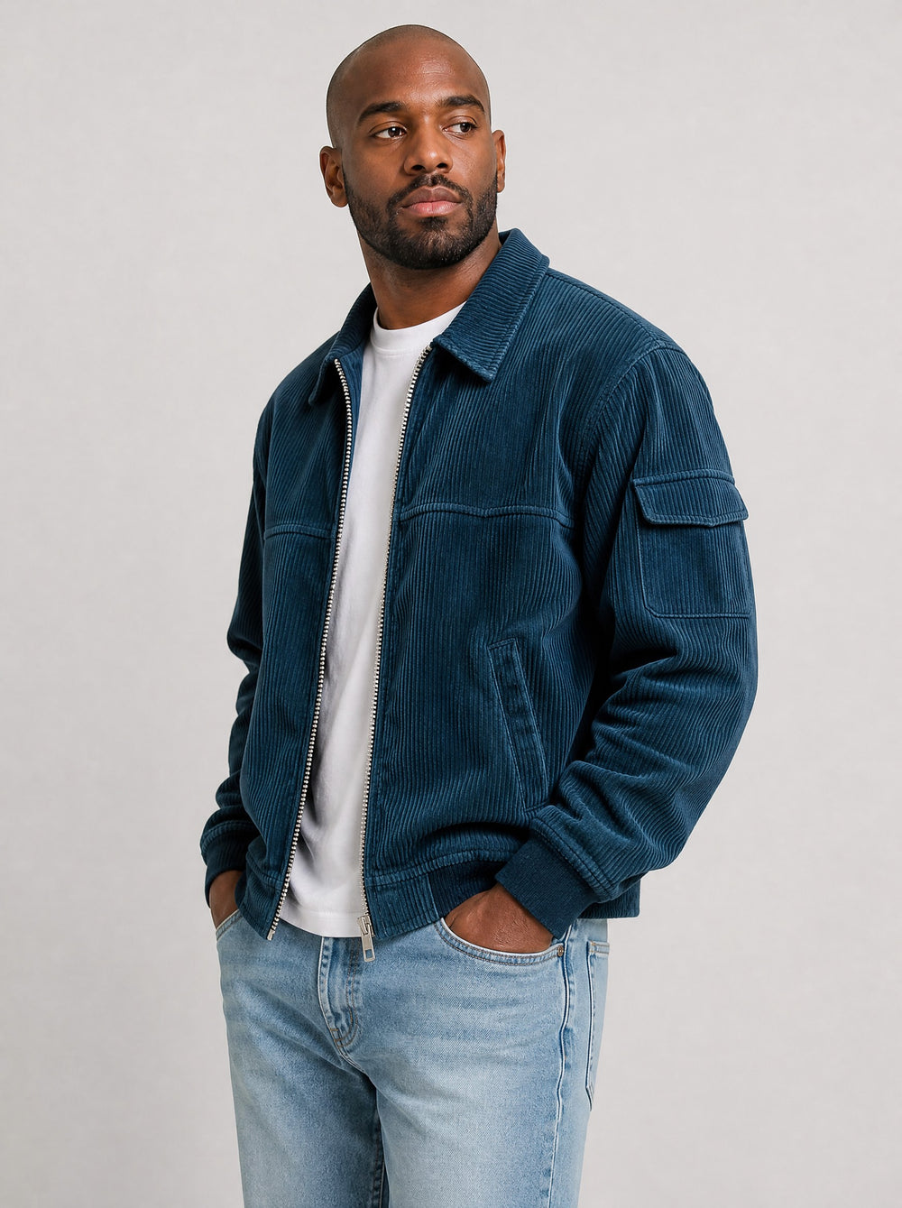 Men's Ribbed Zip Front Jacket in blue
