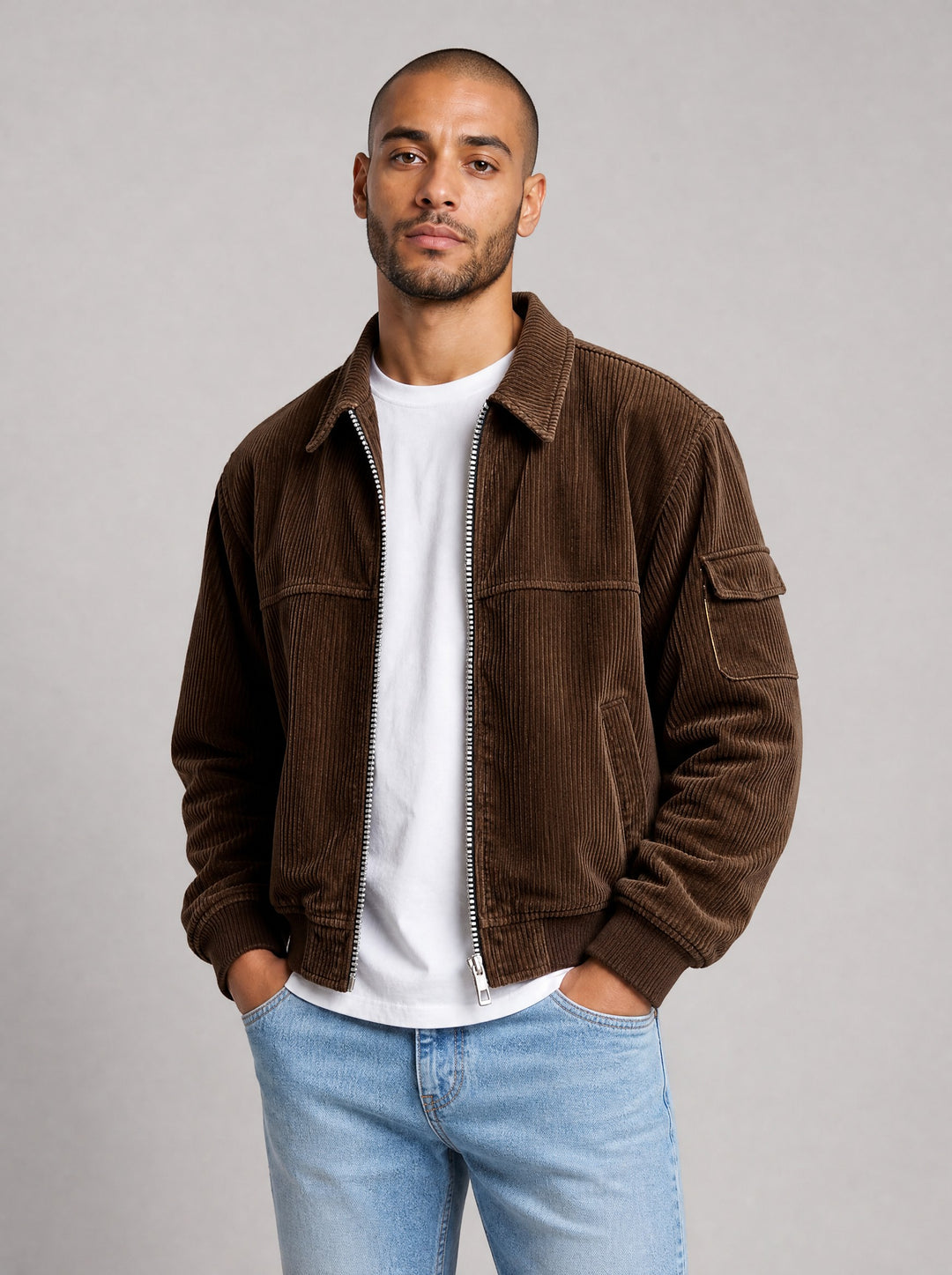 Men's Ribbed Zip Front Jacket in brown