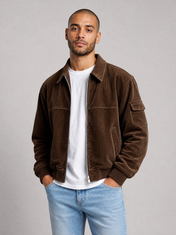 Men's Ribbed Zip Front Jacket in brown