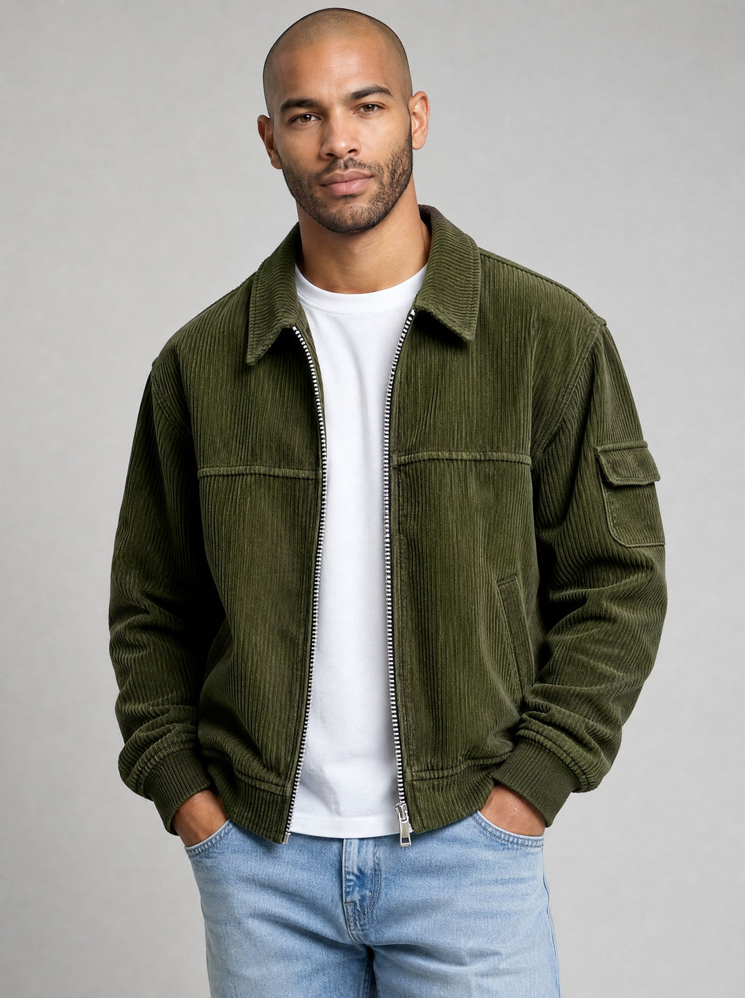 Men's Ribbed Zip Front Jacket in dark green