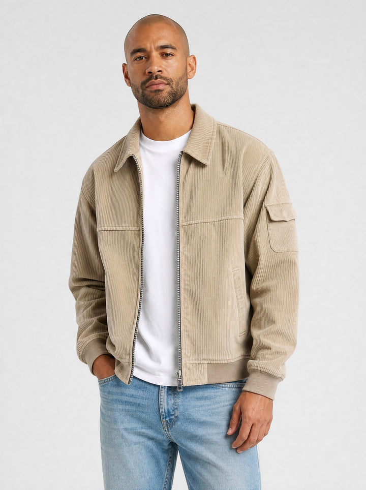 Men's Ribbed Zip Front Jacket in khaki