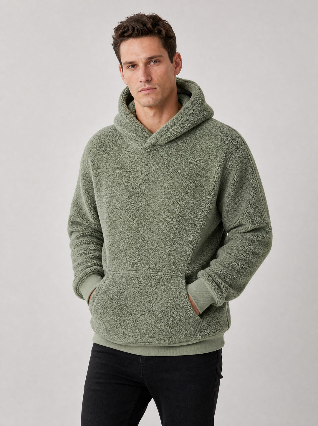 Men's Sherpa Pullover Hoodie in sage green