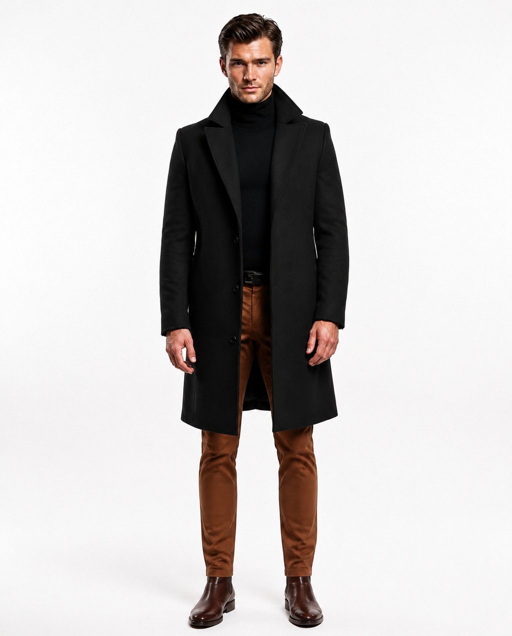 Men's long button-front overcoat with notched lapels and side pockets