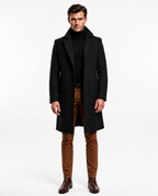 Men's long button-front overcoat with notched lapels and side pockets