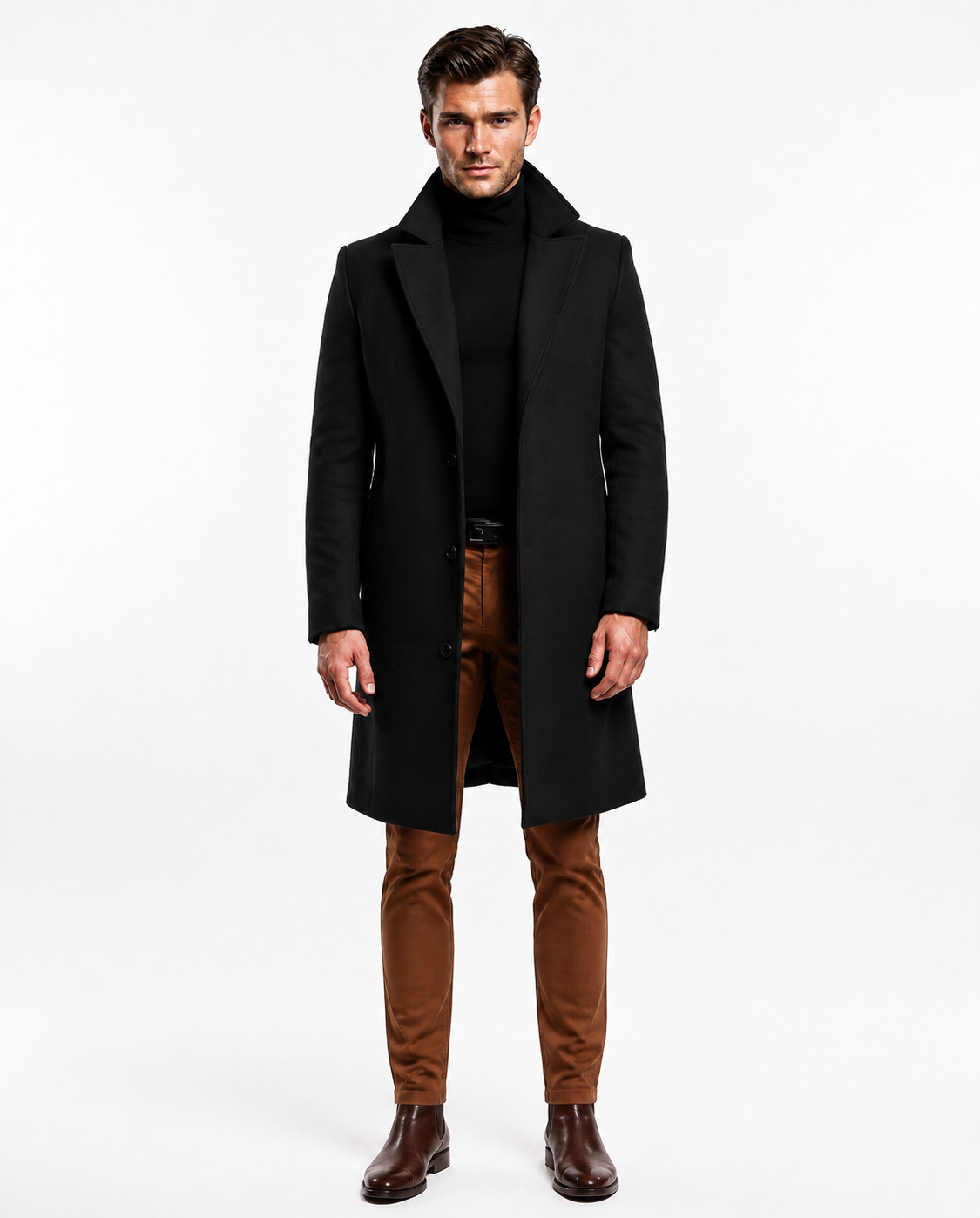 Men's long button-front overcoat with notched lapels and side pockets