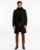 Men's long button-front overcoat with notched lapels and side pockets