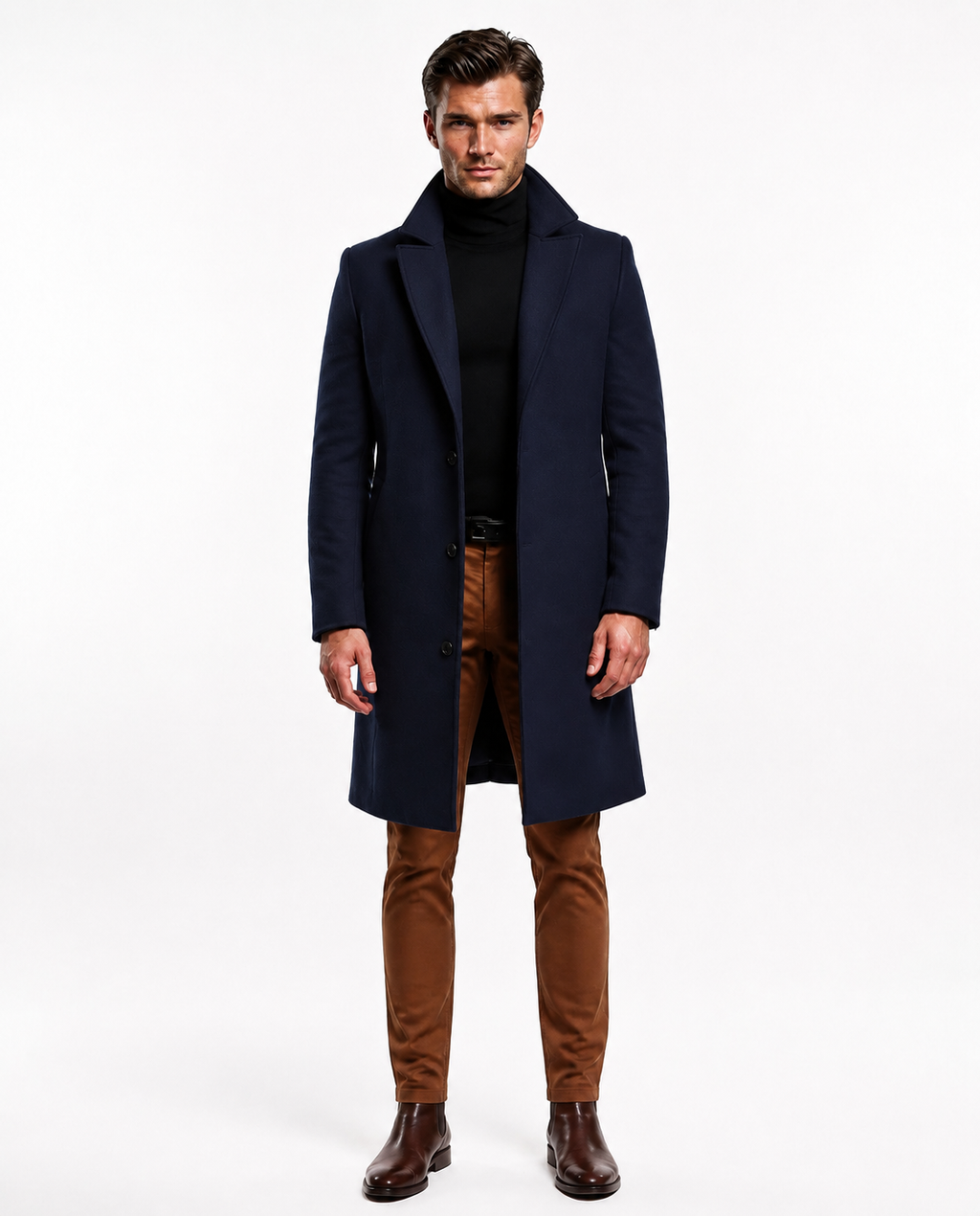 Men's long button-front overcoat with notched lapels and side pockets