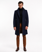 Men's long button-front overcoat with notched lapels and side pockets