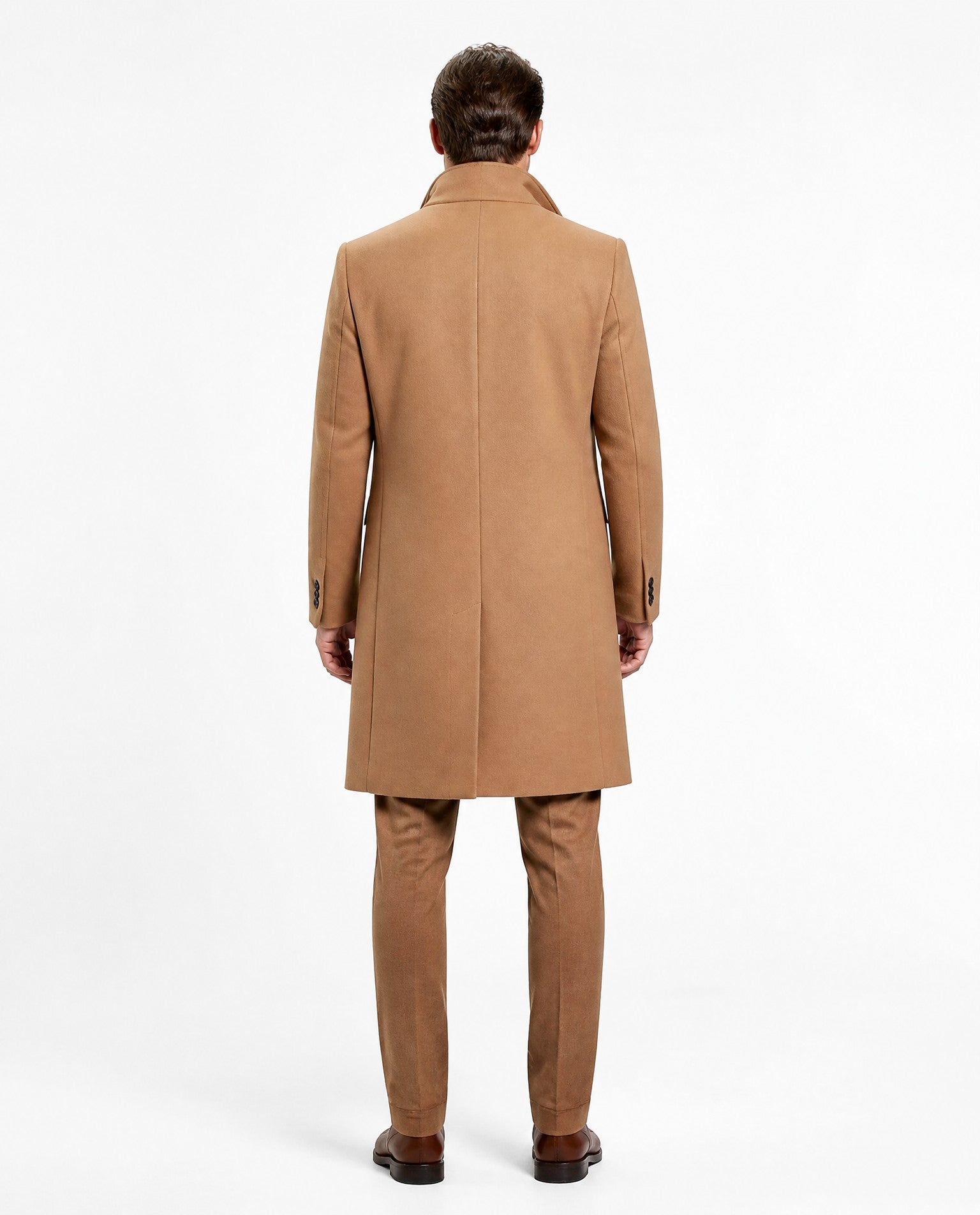 Men's long button-front overcoat with notched lapels and side pockets
