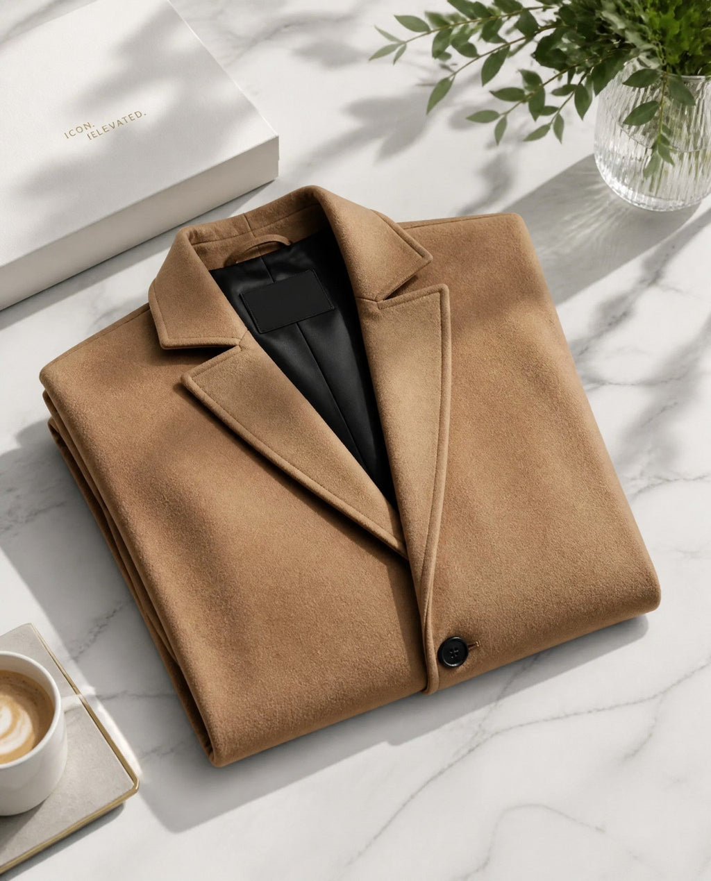 Men's long button-front overcoat with notched lapels and side pockets