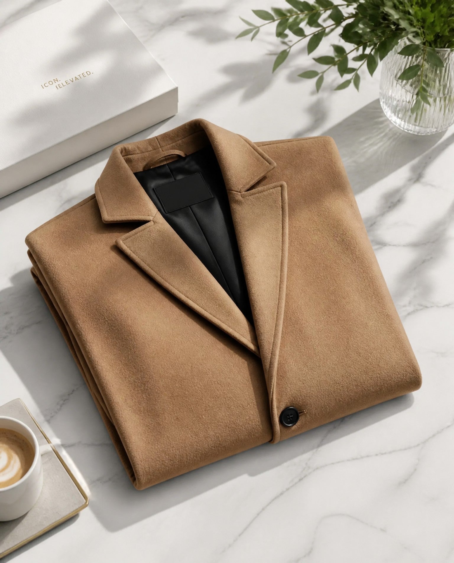 Men's long button-front overcoat with notched lapels and side pockets