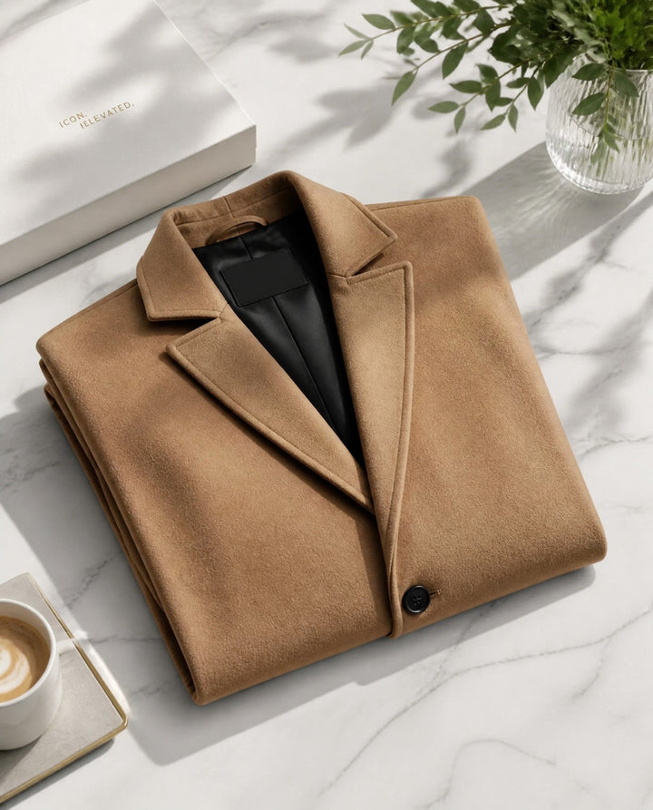 Men's long button-front overcoat with notched lapels and side pockets