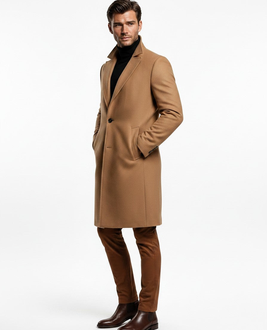Men's long button-front overcoat with notched lapels and side pockets