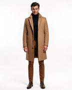 Men's long button-front overcoat with notched lapels and side pockets