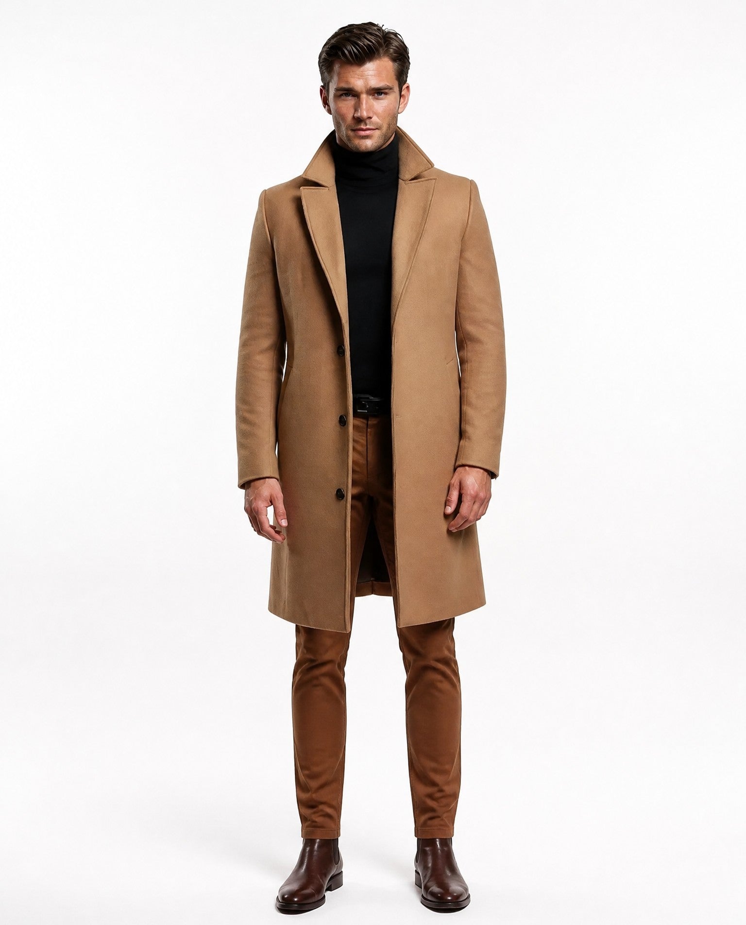 Men's long button-front overcoat with notched lapels and side pockets