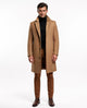 Men's long button-front overcoat with notched lapels and side pockets