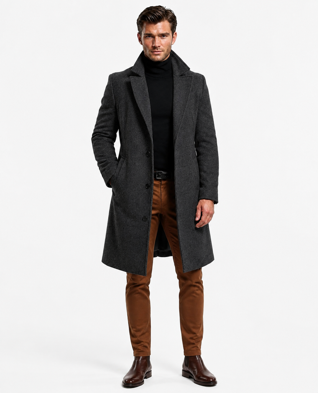 Men's long button-front overcoat with notched lapels and side pockets