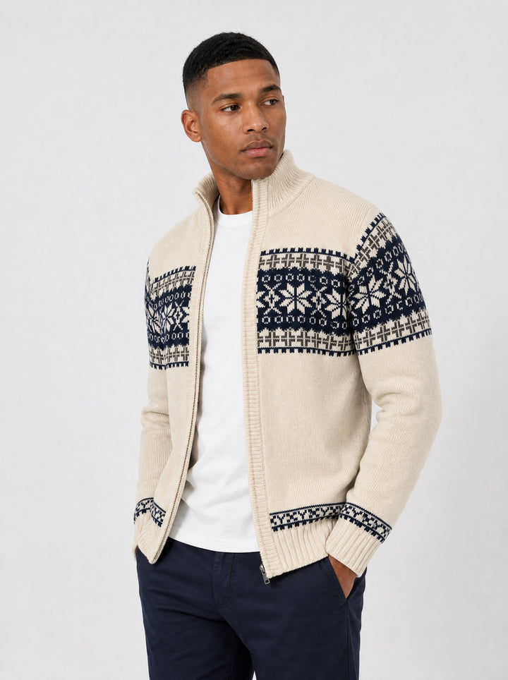Men's Snowflake Zip Cardigan in beige
