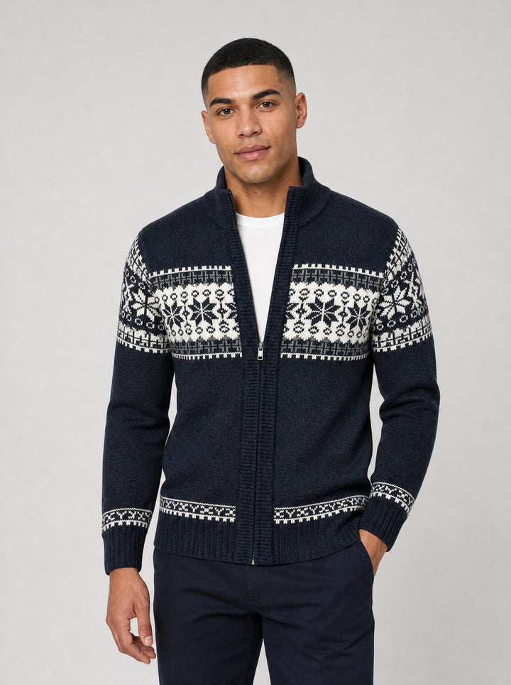 Men's Snowflake Zip Cardigan in navy