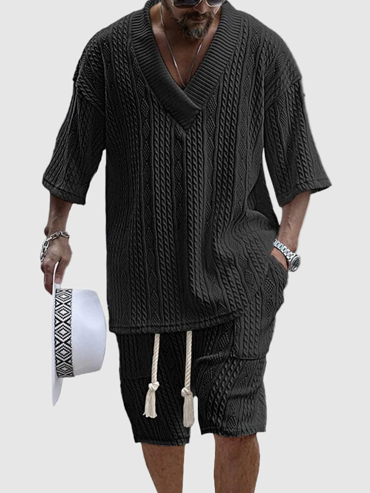 Men's cable knit V-neck shirt and shorts set