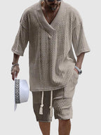 Men's cable knit V-neck shirt and shorts set